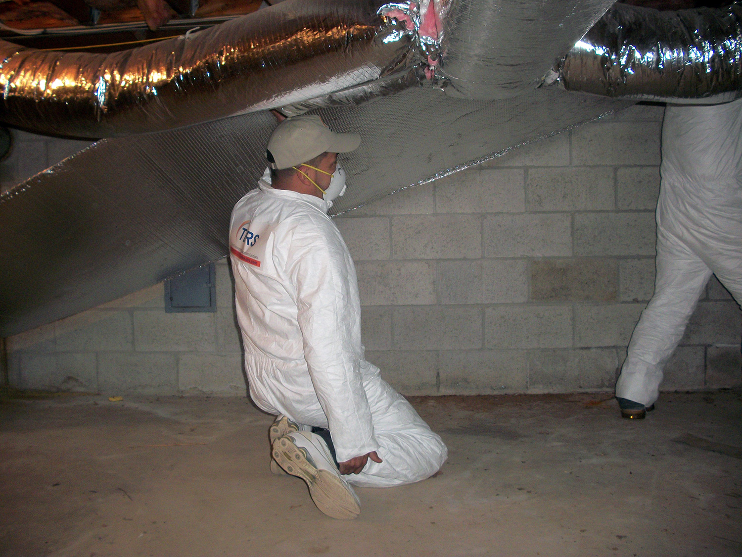 Flood damage remediation in progress in a commercial building's water-damaged basement